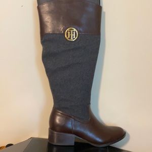 Dark gray fabric and brown WIDE CALF riding boot